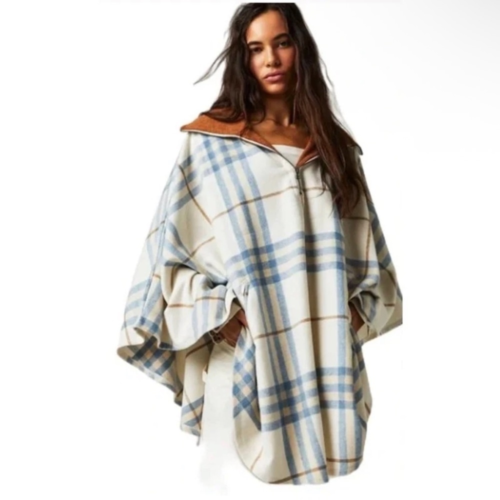 Free People Woodstock Brushed Plaid Poncho Pullover Bohemian Cream Sweater